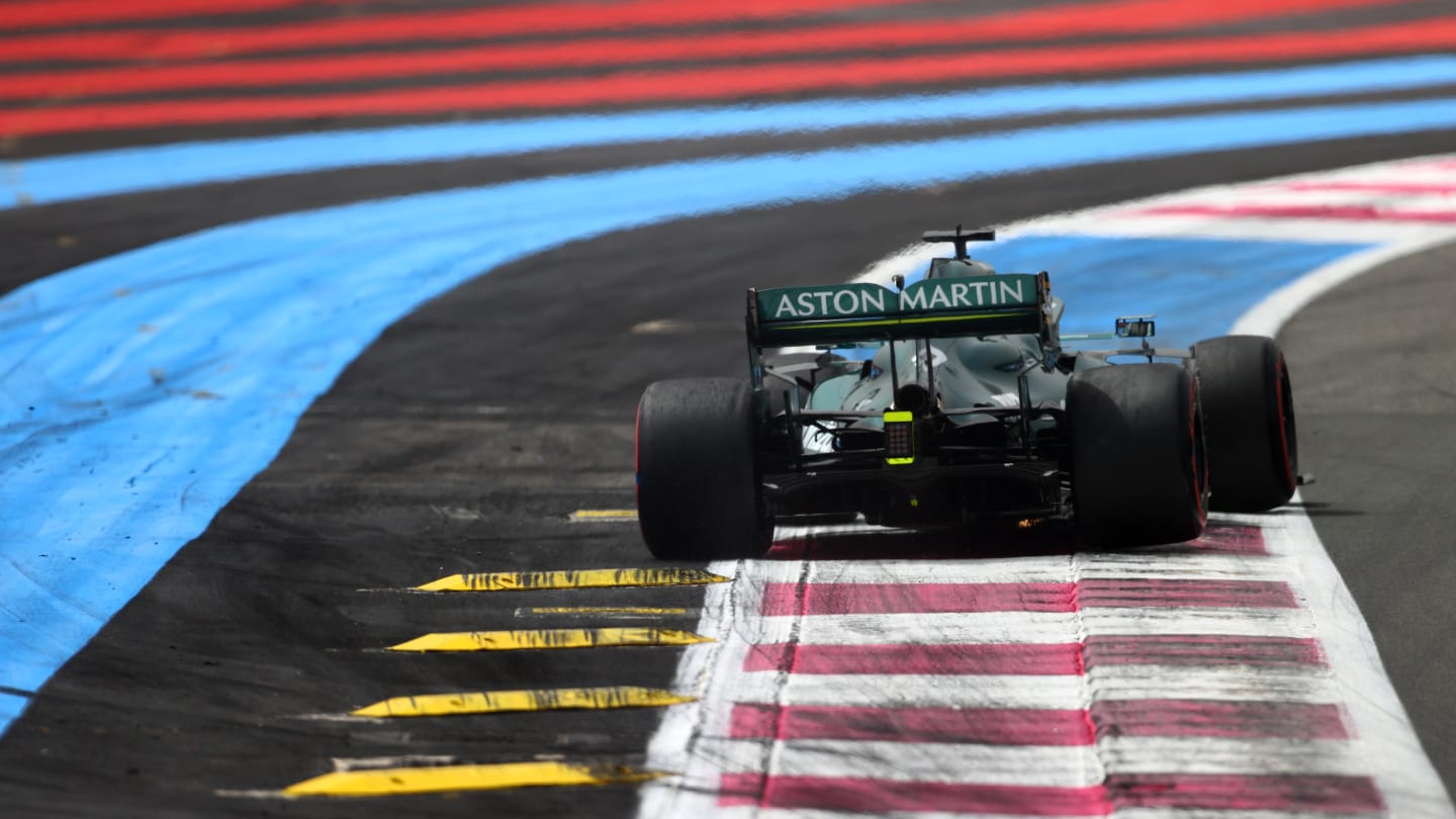LE CASTELLET, FRANCE - JUNE 19: Lance Stroll of Canada driving the (18) Aston Martin AMR21 Mercedes on track during qualifying ahead of the F1 Grand Prix of France at Circuit Paul Ricard on June 19, 2021 in Le Castellet, France. (Photo by Dan Istitene - Formula 1/Formula 1 via Getty Images)