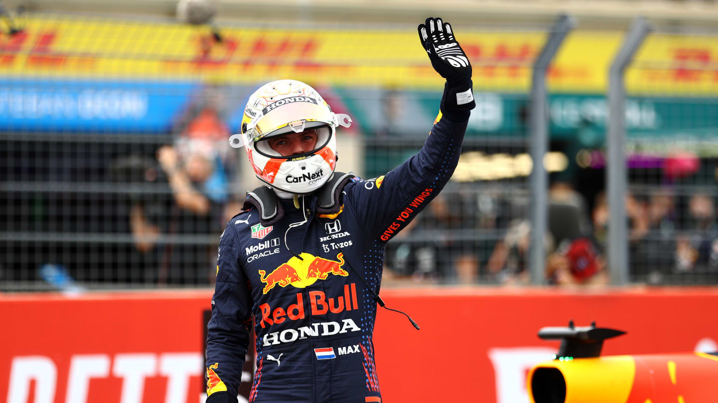 LE CASTELLET, FRANCE - JUNE 19: Pole position qualifier Max Verstappen of Netherlands and Red Bull Racing celebrates in parc ferme during qualifying ahead of the F1 Grand Prix of France at Circuit Paul Ricard on June 19, 2021 in Le Castellet, France. (Photo by Bryn Lennon - Formula 1/Formula 1 via Getty Images)