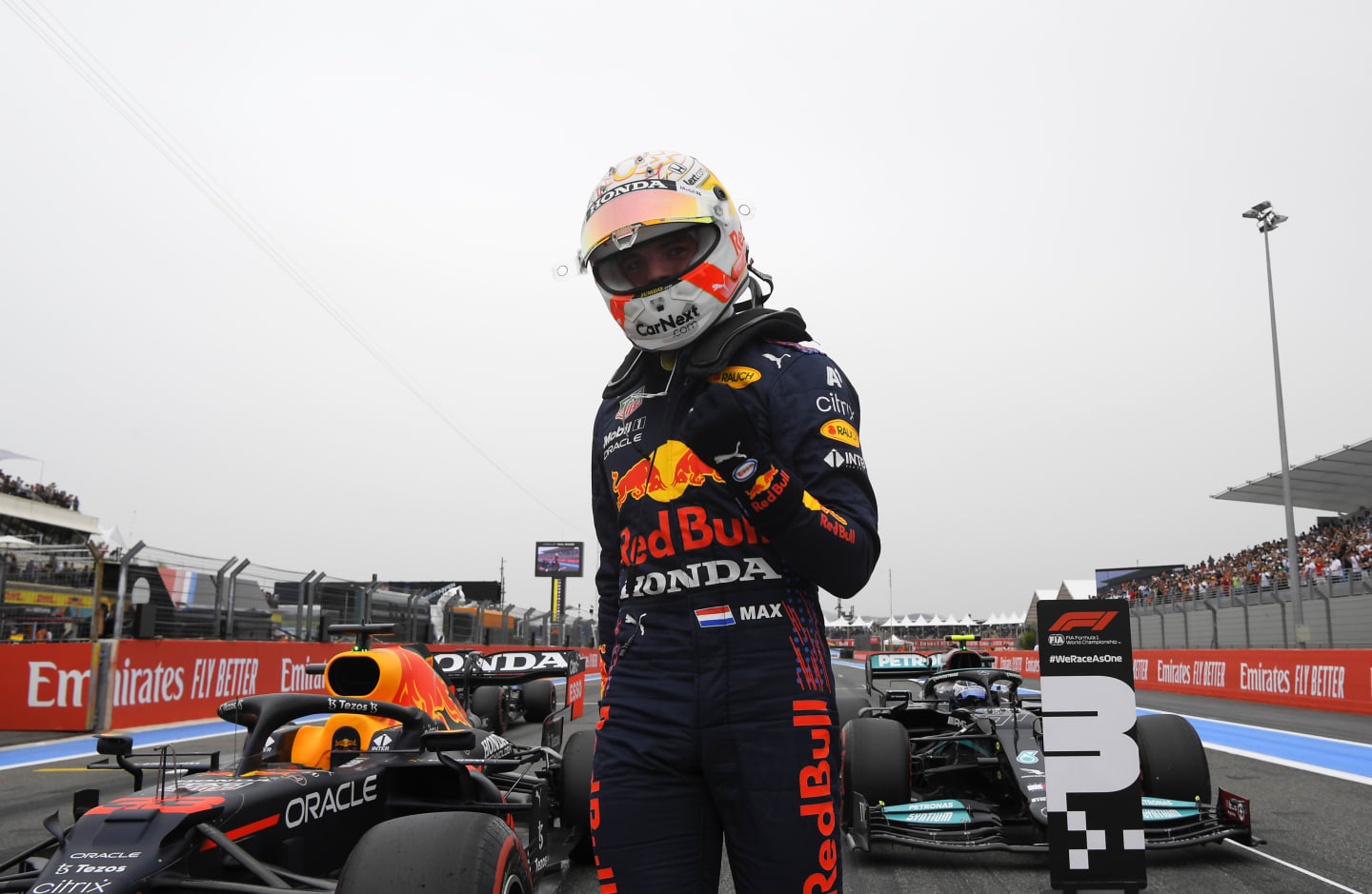 LE CASTELLET, FRANCE - JUNE 19: Pole position qualifier Max Verstappen of Netherlands and Red Bull Racing celebrates in parc ferme during qualifying ahead of the F1 Grand Prix of France at Circuit Paul Ricard on June 19, 2021 in Le Castellet, France. (Photo by Nicolas Tucat - Pool/Getty Images)