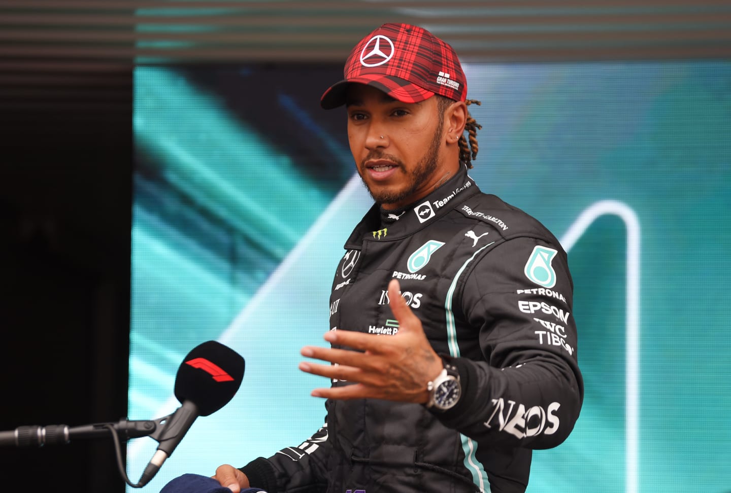 LE CASTELLET, FRANCE - JUNE 19: Second placed qualifier Lewis Hamilton of Great Britain and Mercedes GP is interviewed after qualifying ahead of the F1 Grand Prix of France at Circuit Paul Ricard on June 19, 2021 in Le Castellet, France. (Photo by Nicolas Tucat - Pool/Getty Images)