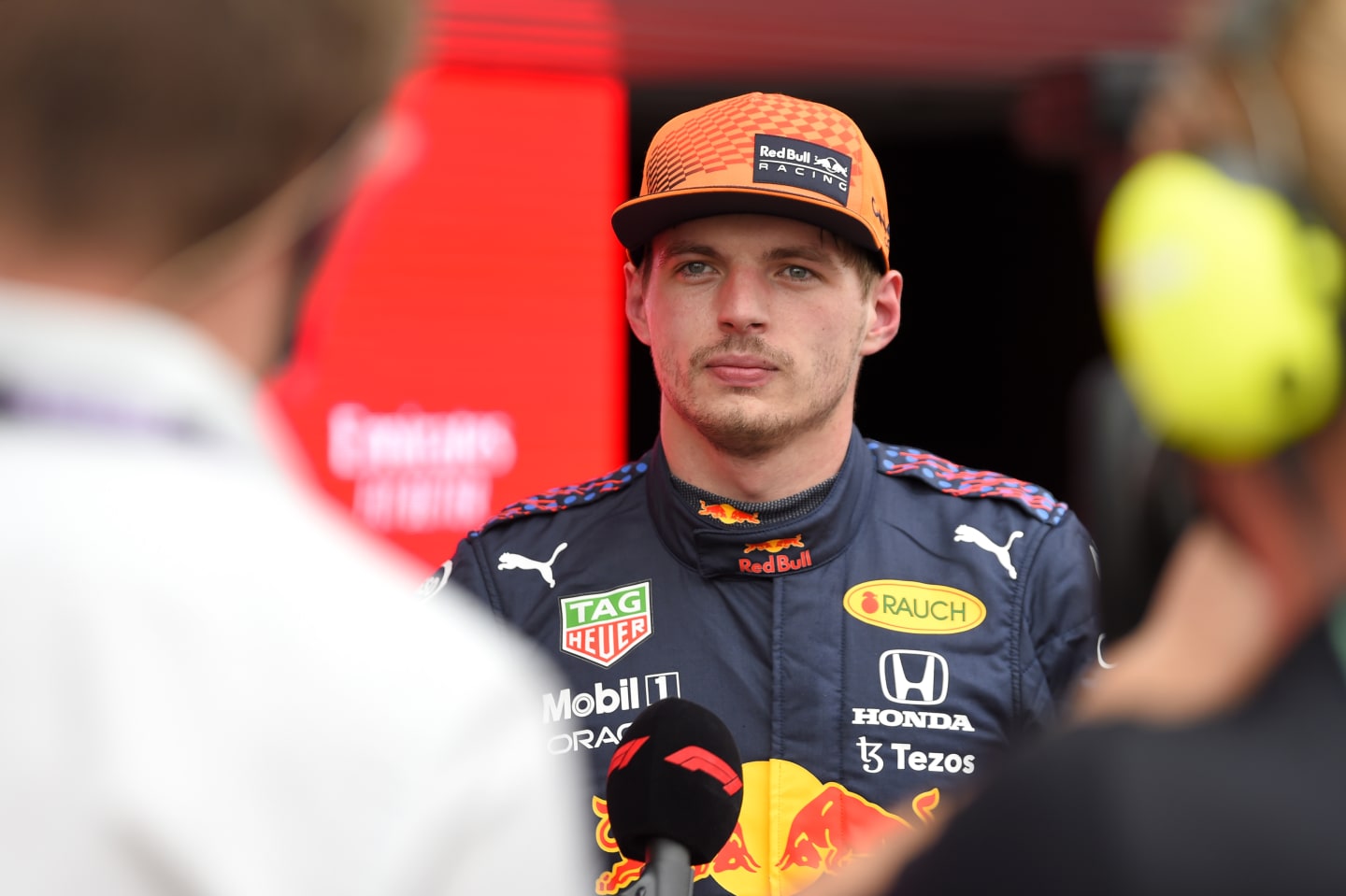 LE CASTELLET, FRANCE - JUNE 19: Pole position qualifier Max Verstappen of Netherlands and Red Bull Racing is interviewed after qualifying ahead of the F1 Grand Prix of France at Circuit Paul Ricard on June 19, 2021 in Le Castellet, France. (Photo by Nicolas Tucat - Pool/Getty Images)