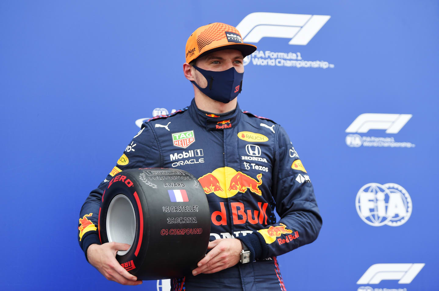 LE CASTELLET, FRANCE - JUNE 19: Pole position qualifier Max Verstappen of Netherlands and Red Bull Racing poses for a photo with the pole position award after qualifying ahead of the F1 Grand Prix of France at Circuit Paul Ricard on June 19, 2021 in Le Castellet, France. (Photo by Nicolas Tucat - Pool/Getty Images)