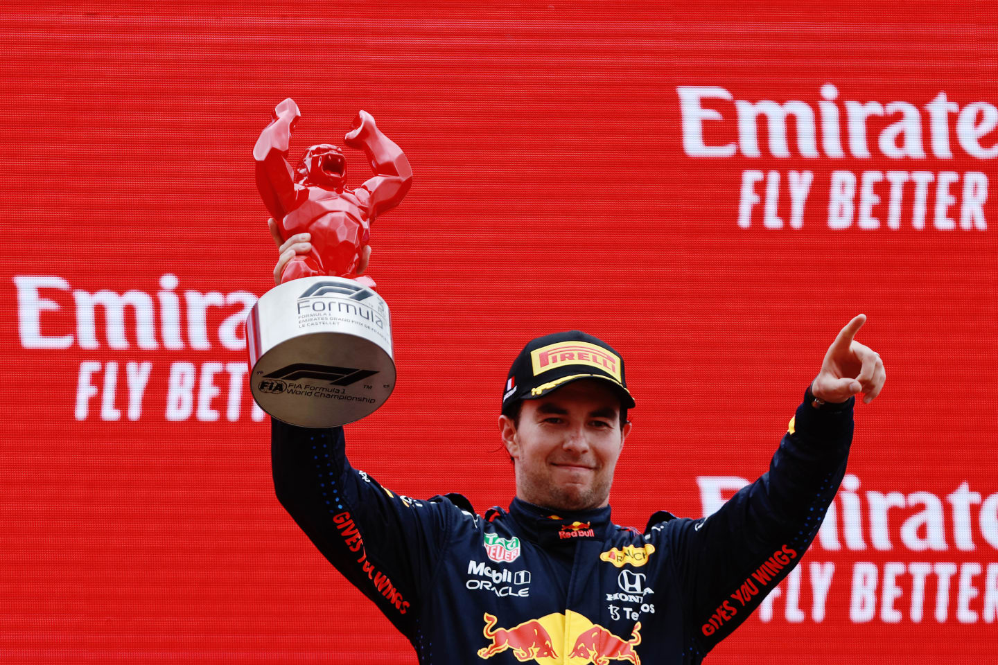LE CASTELLET, FRANCE - JUNE 20: Third placed Sergio Perez of Mexico and Red Bull Racing celebrates