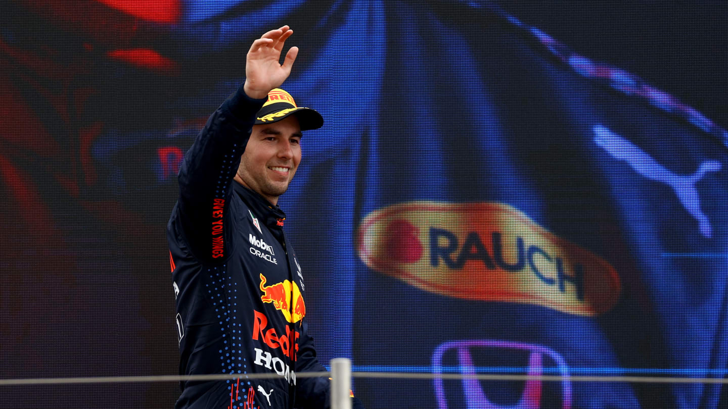 LE CASTELLET, FRANCE - JUNE 20: Third placed Sergio Perez of Mexico and Red Bull Racing celebrates on the podium during the F1 Grand Prix of France at Circuit Paul Ricard on June 20, 2021 in Le Castellet, France. (Photo by Bryn Lennon - Formula 1/Formula 1 via Getty Images)