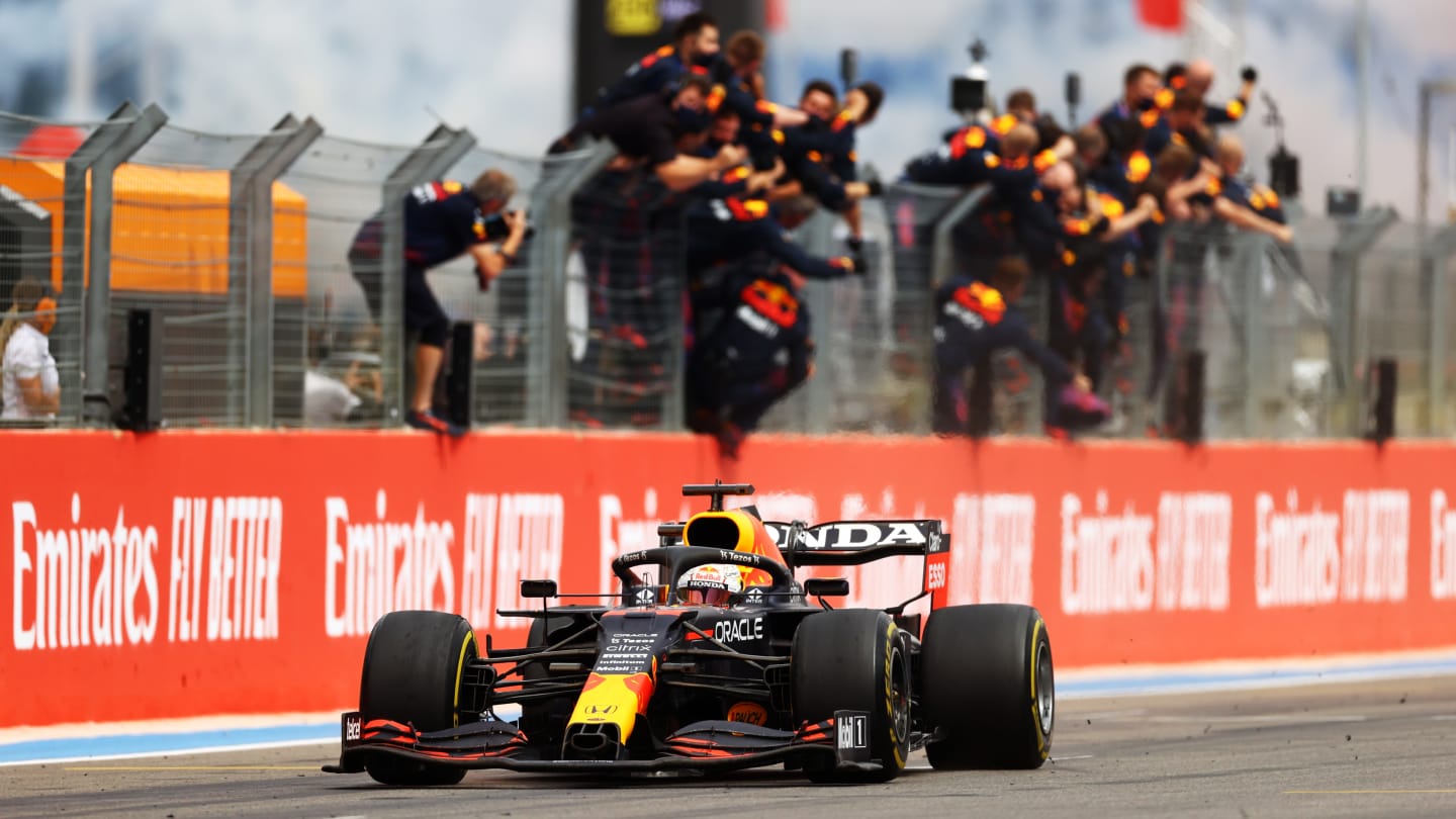 LE CASTELLET, FRANCE - JUNE 20: Max Verstappen of the Netherlands driving the (33) Red Bull Racing RB16B Honda crosses the finish line to win during the F1 Grand Prix of France at Circuit Paul Ricard on June 20, 2021 in Le Castellet, France. (Photo by Bryn Lennon - Formula 1/Formula 1 via Getty Images)