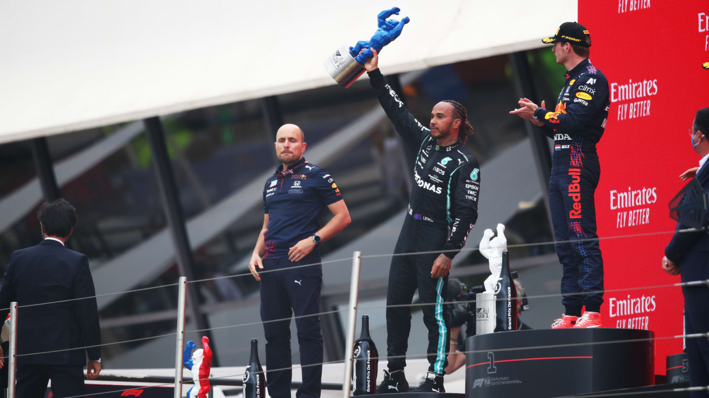 LE CASTELLET, FRANCE - JUNE 20: Second placed Lewis Hamilton of Great Britain and Mercedes GP celebrates on the podium during the F1 Grand Prix of France at Circuit Paul Ricard on June 20, 2021 in Le Castellet, France. (Photo by Joe Portlock - Formula 1/Formula 1 via Getty Images)