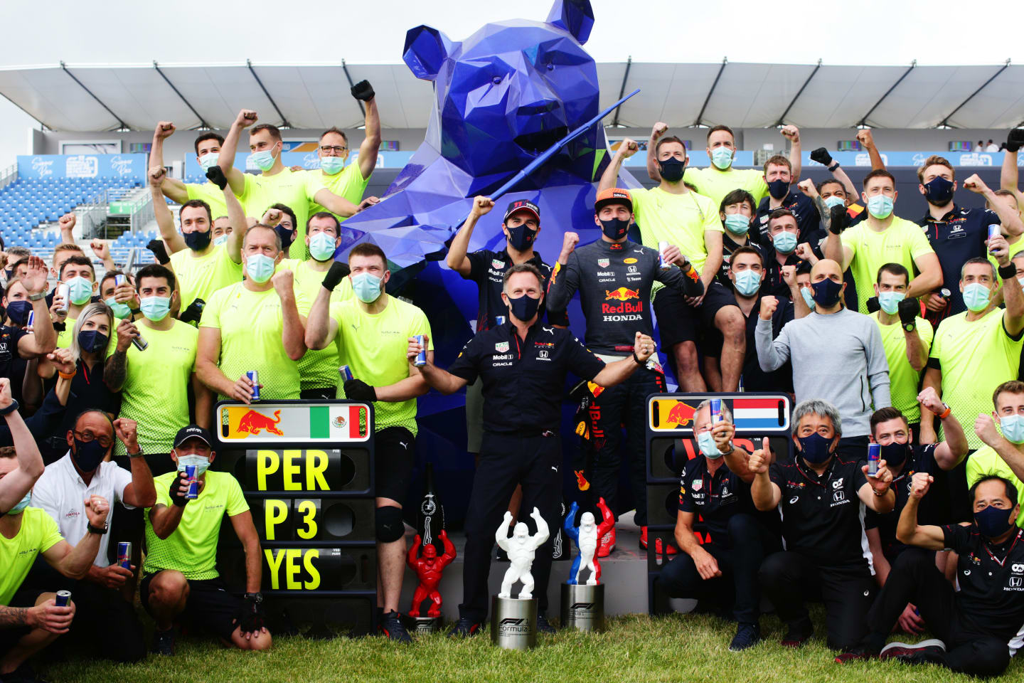 LE CASTELLET, FRANCE - JUNE 20:  Race winner Max Verstappen of Netherlands and Red Bull Racing and third placed Sergio Perez of Mexico and Red Bull Racing celebrate with Red Bull Racing Team Principal Christian Horner and their team in the Paddock after the F1 Grand Prix of France at Circuit Paul Ricard on June 20, 2021 in Le Castellet, France. (Photo by Peter Fox/Getty Images)