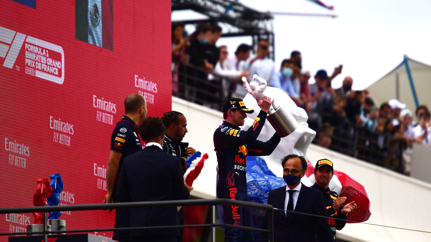 LE CASTELLET, FRANCE - JUNE 20: Race winner Max Verstappen of Netherlands and Red Bull Racing celebrates on the podium during the F1 Grand Prix of France at Circuit Paul Ricard on June 20, 2021 in Le Castellet, France. (Photo by Mario Renzi - Formula 1/Formula 1 via Getty Images)