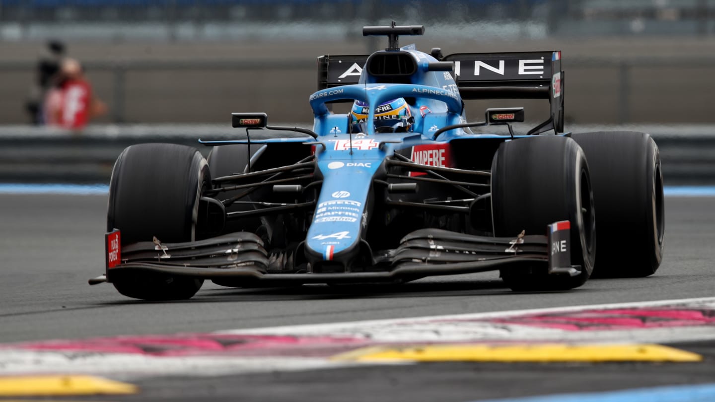LE CASTELLET, FRANCE - JUNE 20: Fernando Alonso of Spain driving the (14) Alpine A521 Renault on track during the F1 Grand Prix of France at Circuit Paul Ricard on June 20, 2021 in Le Castellet, France. (Photo by Joe Portlock - Formula 1/Formula 1 via Getty Images)