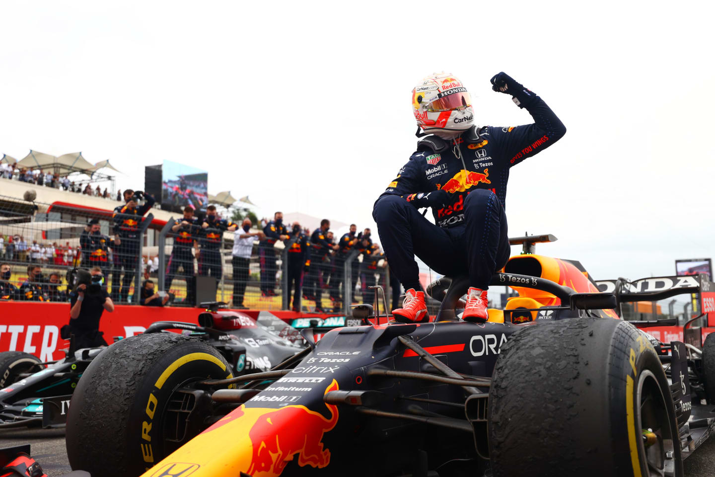 LE CASTELLET, FRANCE - JUNE 20: Race winner Max Verstappen of Netherlands and Red Bull Racing celebrates in parc ferme during the F1 Grand Prix of France at Circuit Paul Ricard on June 20, 2021 in Le Castellet, France. (Photo by Dan Istitene - Formula 1/Formula 1 via Getty Images)