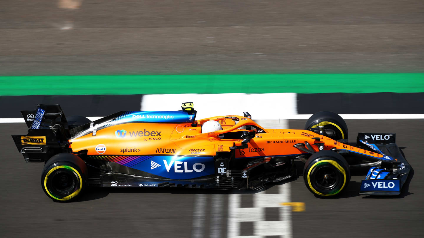 NORTHAMPTON, ENGLAND - JULY 16: Lando Norris of Great Britain driving the (4) McLaren F1 Team MCL35M Mercedes  during practice ahead of the F1 Grand Prix of Great Britain at Silverstone on July 16, 2021 in Northampton, England. (Photo by Joe Portlock - Formula 1/Formula 1 via Getty Images)