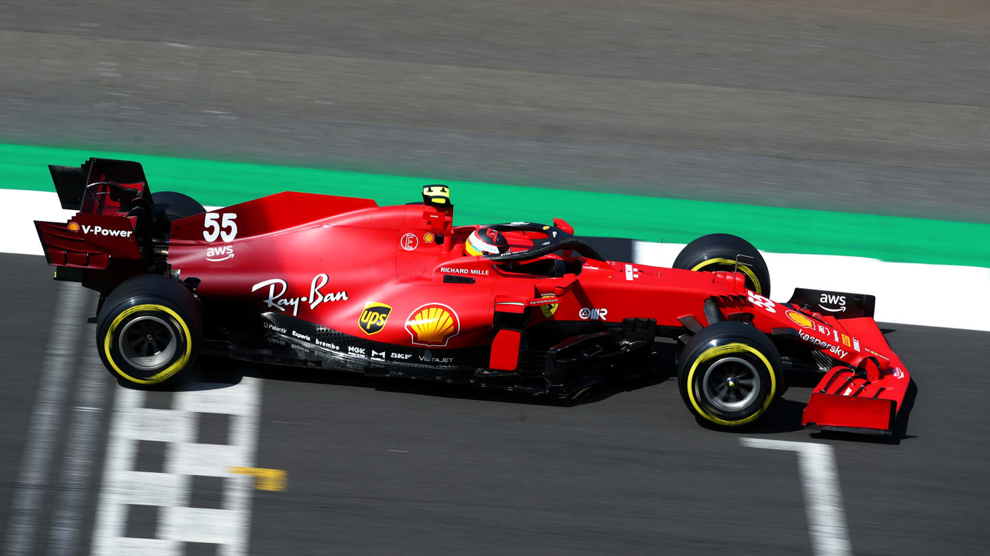 NORTHAMPTON, ENGLAND - JULY 16: Carlos Sainz of Spain driving the (55) Scuderia Ferrari SF21 during