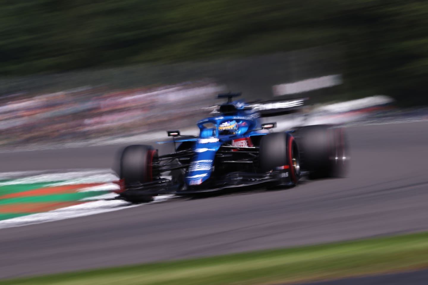 NORTHAMPTON, ENGLAND - JULY 17: Fernando Alonso of Spain driving the (14) Alpine A521 Renault during practice ahead of the F1 Grand Prix of Great Britain at Silverstone on July 17, 2021 in Northampton, England. (Photo by Lars Baron/Getty Images)