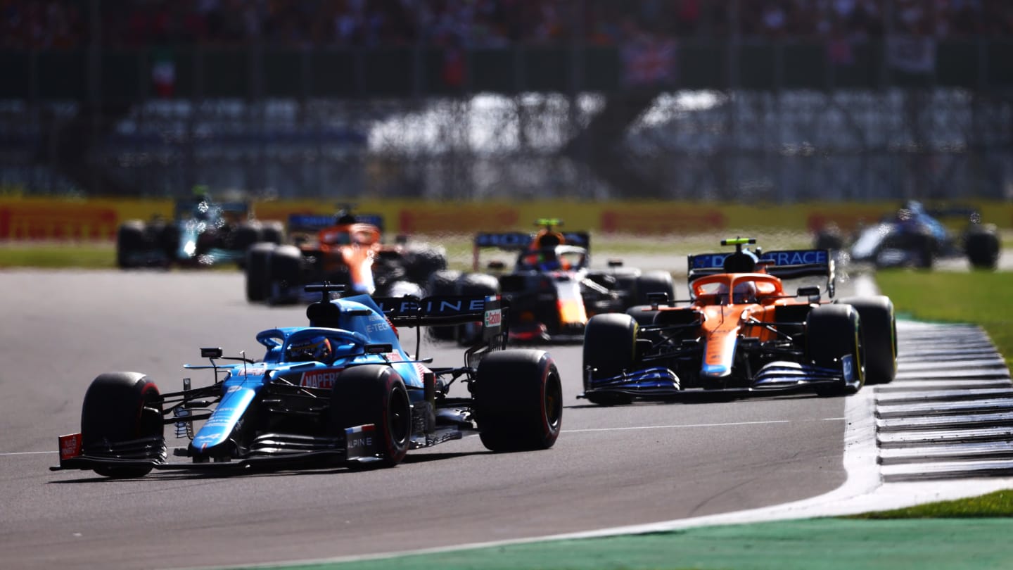 NORTHAMPTON, ENGLAND - JULY 17: Fernando Alonso of Spain driving the (14) Alpine A521 Renault leads