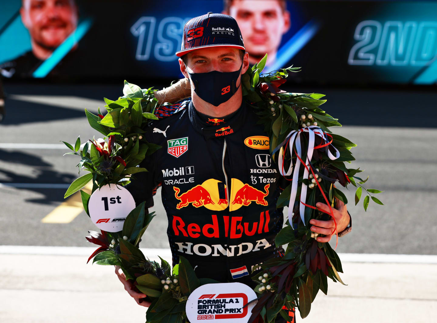 NORTHAMPTON, ENGLAND - JULY 17: Winner Max Verstappen of Netherlands and Red Bull Racing celebrates