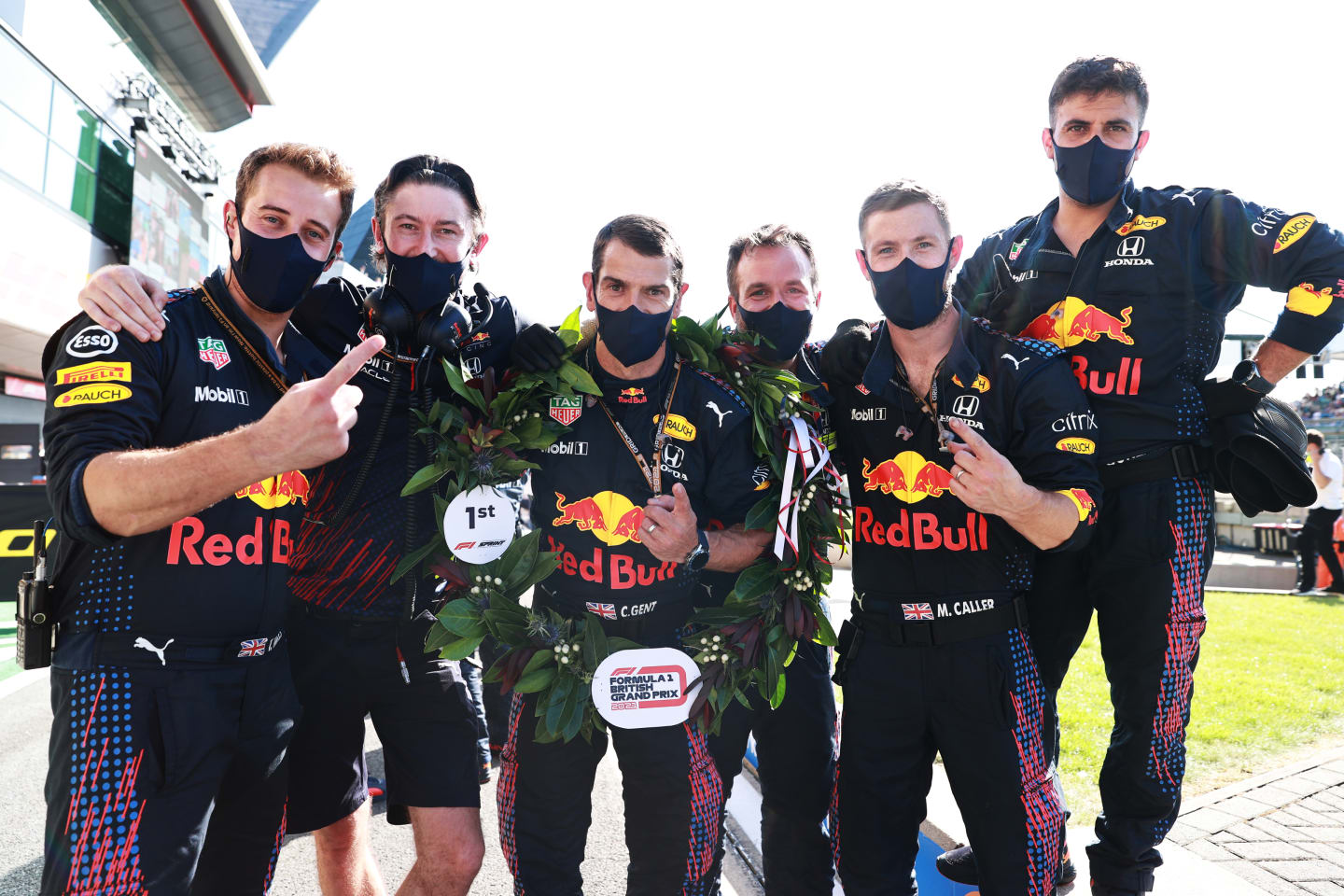 NORTHAMPTON, ENGLAND - JULY 17: The Red Bull Racing team celebrate after the Sprint for the F1 Grand Prix of Great Britain at Silverstone on July 17, 2021 in Northampton, England. (Photo by Mark Thompson/Getty Images)