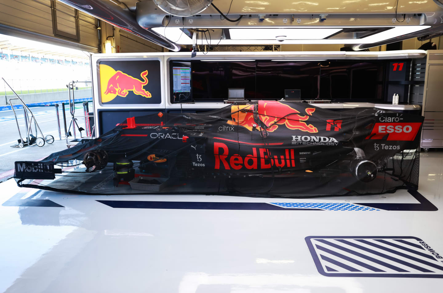 NORTHAMPTON, ENGLAND - JULY 18: The car of Sergio Perez of Mexico and Red Bull Racing is pictured