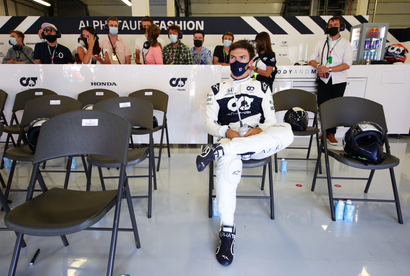 NORTHAMPTON, ENGLAND - JULY 18: Pierre Gasly of France and Scuderia AlphaTauri looks on in the garage during a red flag delay during the F1 Grand Prix of Great Britain at Silverstone on July 18, 2021 in Northampton, England. (Photo by Peter Fox/Getty Images)