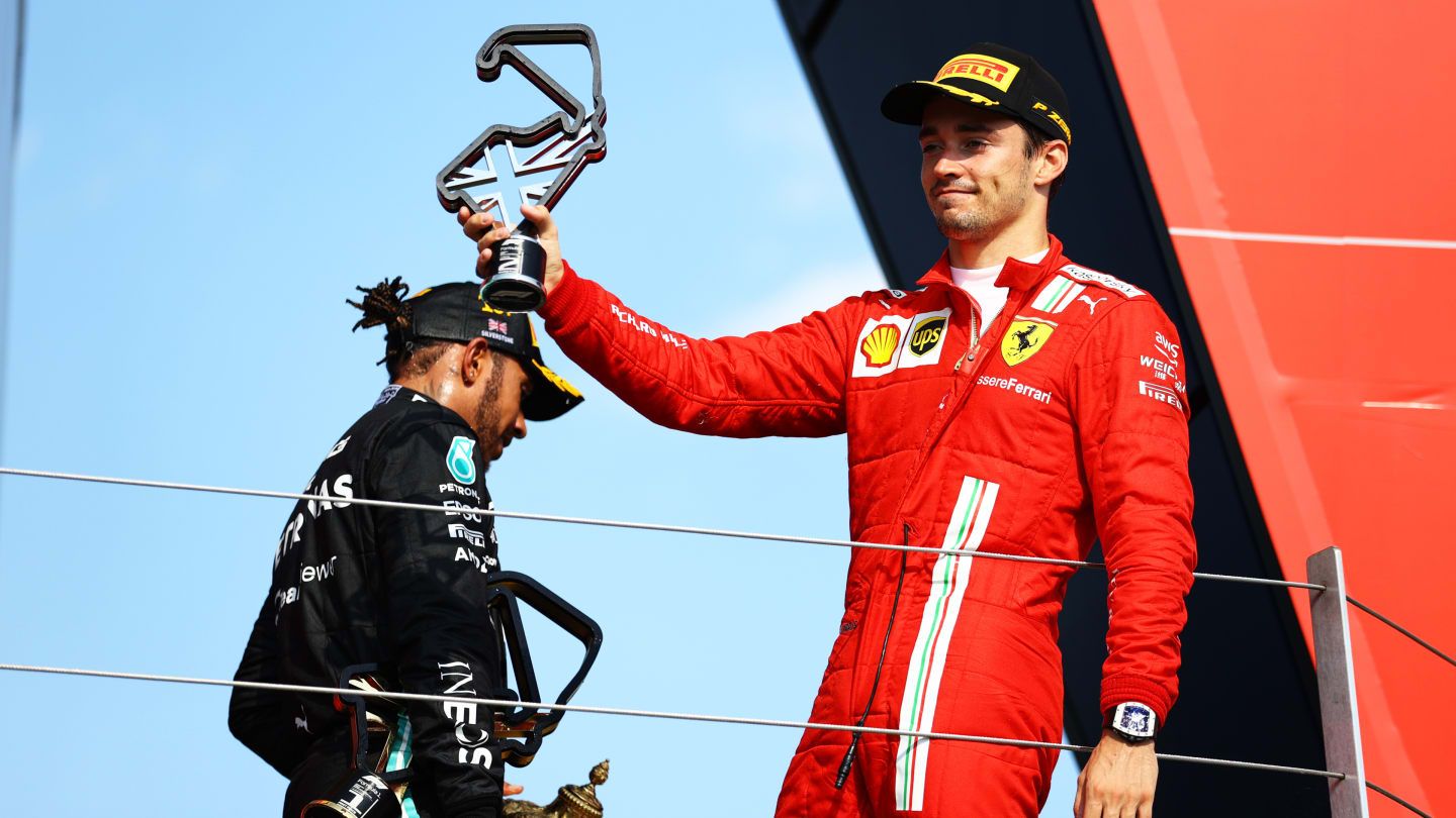 NORTHAMPTON, ENGLAND - JULY 18: Second placed Charles Leclerc of Monaco and Ferrari celebrates on