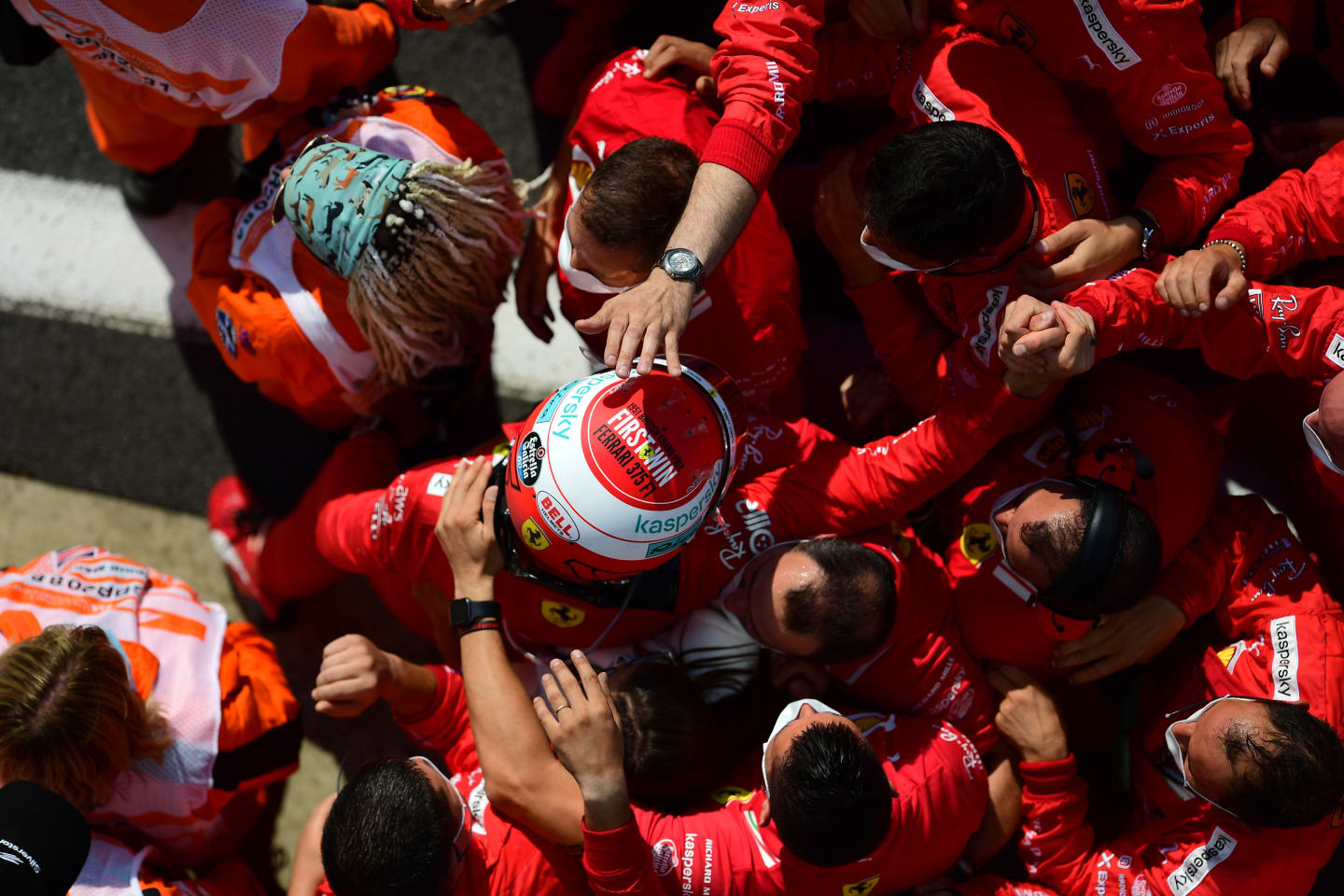 NORTHAMPTON, ENGLAND - JULY 18: Second placed Charles Leclerc of Monaco and Ferrari celebrates in