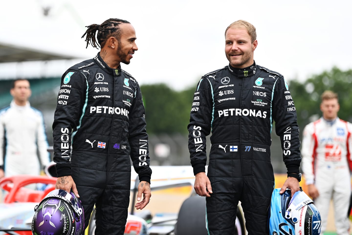 NORTHAMPTON, ENGLAND - JULY 15: Lewis Hamilton of Great Britain and Mercedes GP and Valtteri Bottas