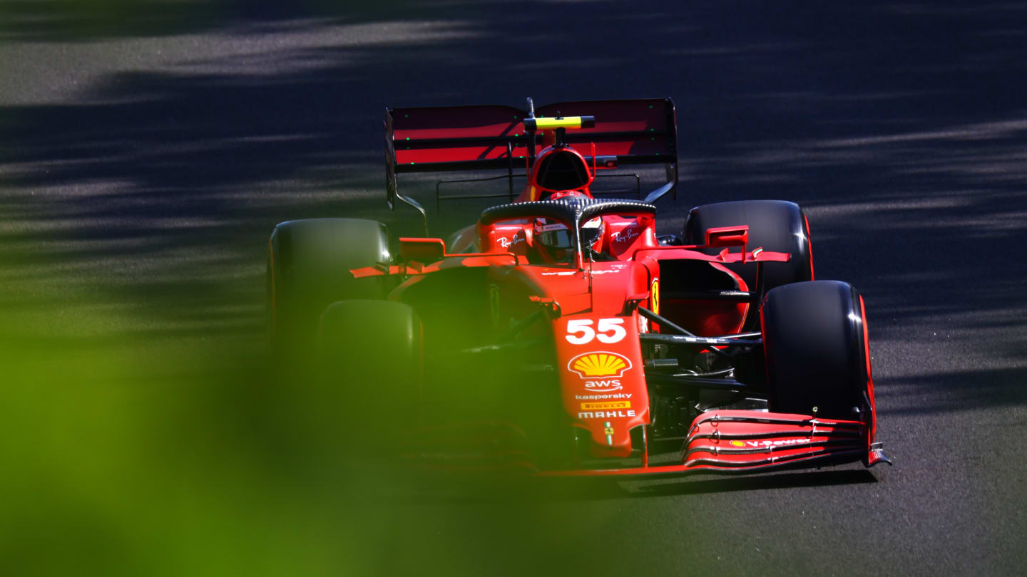BUDAPEST, HUNGARY - JULY 30: Carlos Sainz of Spain driving the (55) Scuderia Ferrari SF21 during practice ahead of the F1 Grand Prix of Hungary at Hungaroring on July 30, 2021 in Budapest, Hungary. (Photo by Dan Istitene - Formula 1/Formula 1 via Getty Images)