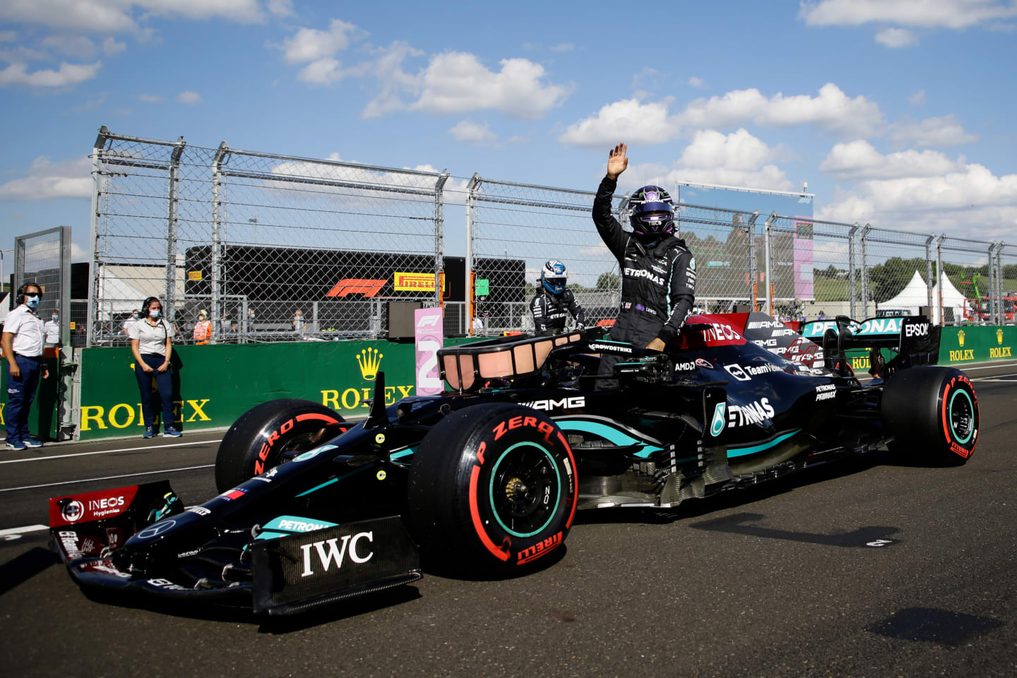 BUDAPEST, HUNGARY - JULY 31: Pole position qualifier Lewis Hamilton of Great Britain and Mercedes GP celebrates in parc ferme during qualifying ahead of the F1 Grand Prix of Hungary at Hungaroring on July 31, 2021 in Budapest, Hungary. (Photo by David W Cerny - Pool/Getty Images)