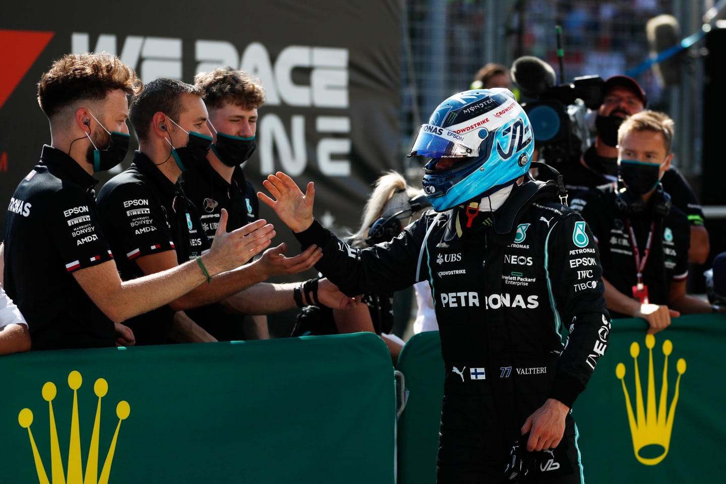 BUDAPEST, HUNGARY - JULY 31: Second place qualifier Valtteri Bottas of Finland and Mercedes GP celebrates in parc ferme during qualifying ahead of the F1 Grand Prix of Hungary at Hungaroring on July 31, 2021 in Budapest, Hungary. (Photo by David W Cerny - Pool/Getty Images)
