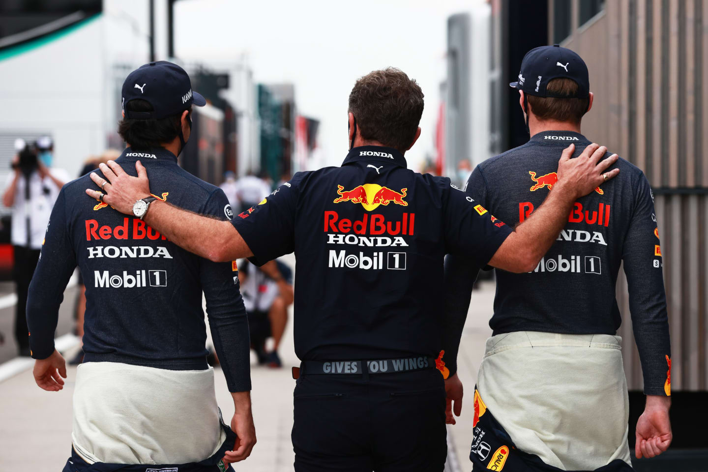 BUDAPEST, HUNGARY - AUGUST 01: Red Bull Racing Team Principal Christian Horner talks with Max