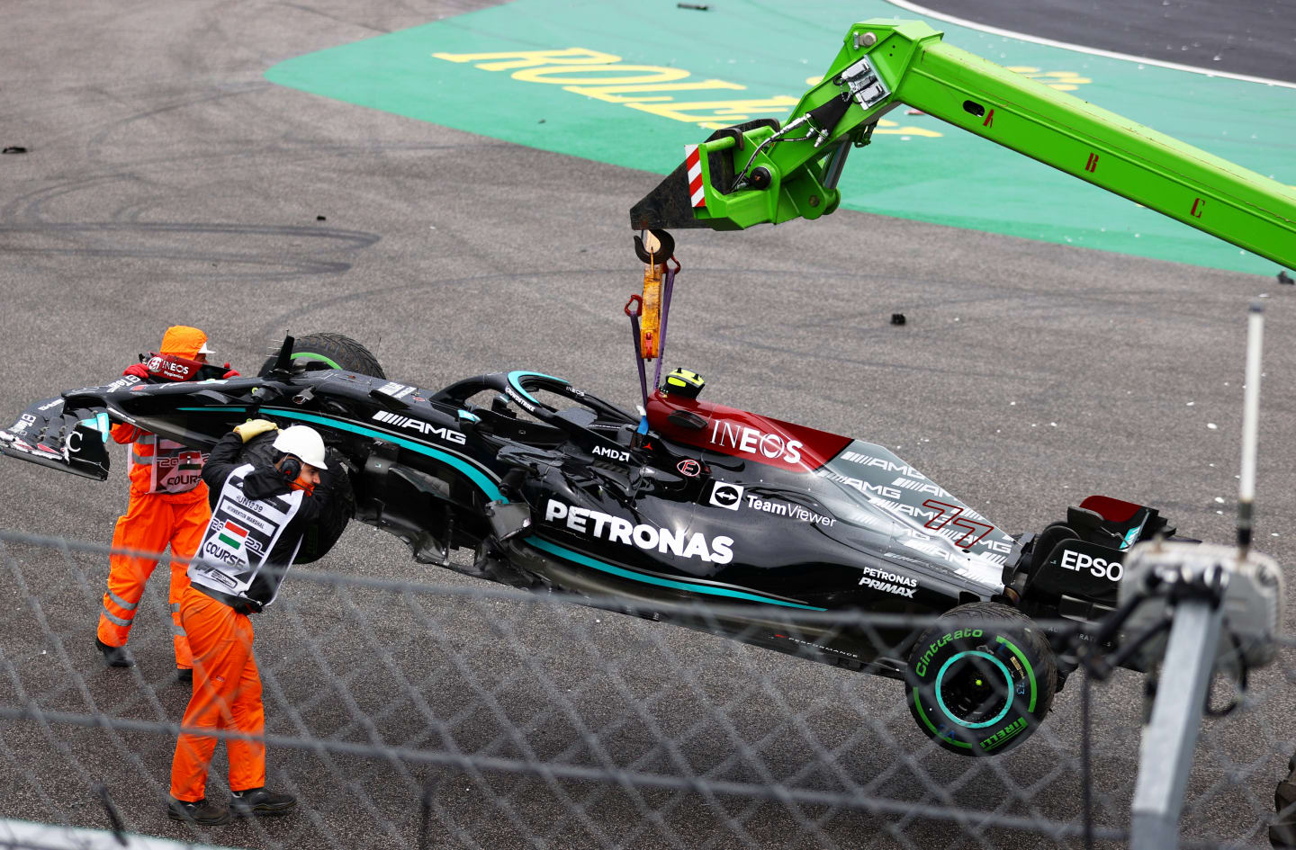 BUDAPEST, HUNGARY - AUGUST 01: The car of Valtteri Bottas of Finland and Mercedes GP is removed from the track during the F1 Grand Prix of Hungary at Hungaroring on August 01, 2021 in Budapest, Hungary. (Photo by Bryn Lennon/Getty Images)
