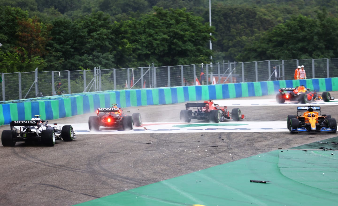 BUDAPEST, HUNGARY - AUGUST 01: A general view of the crash at the start during the F1 Grand Prix of