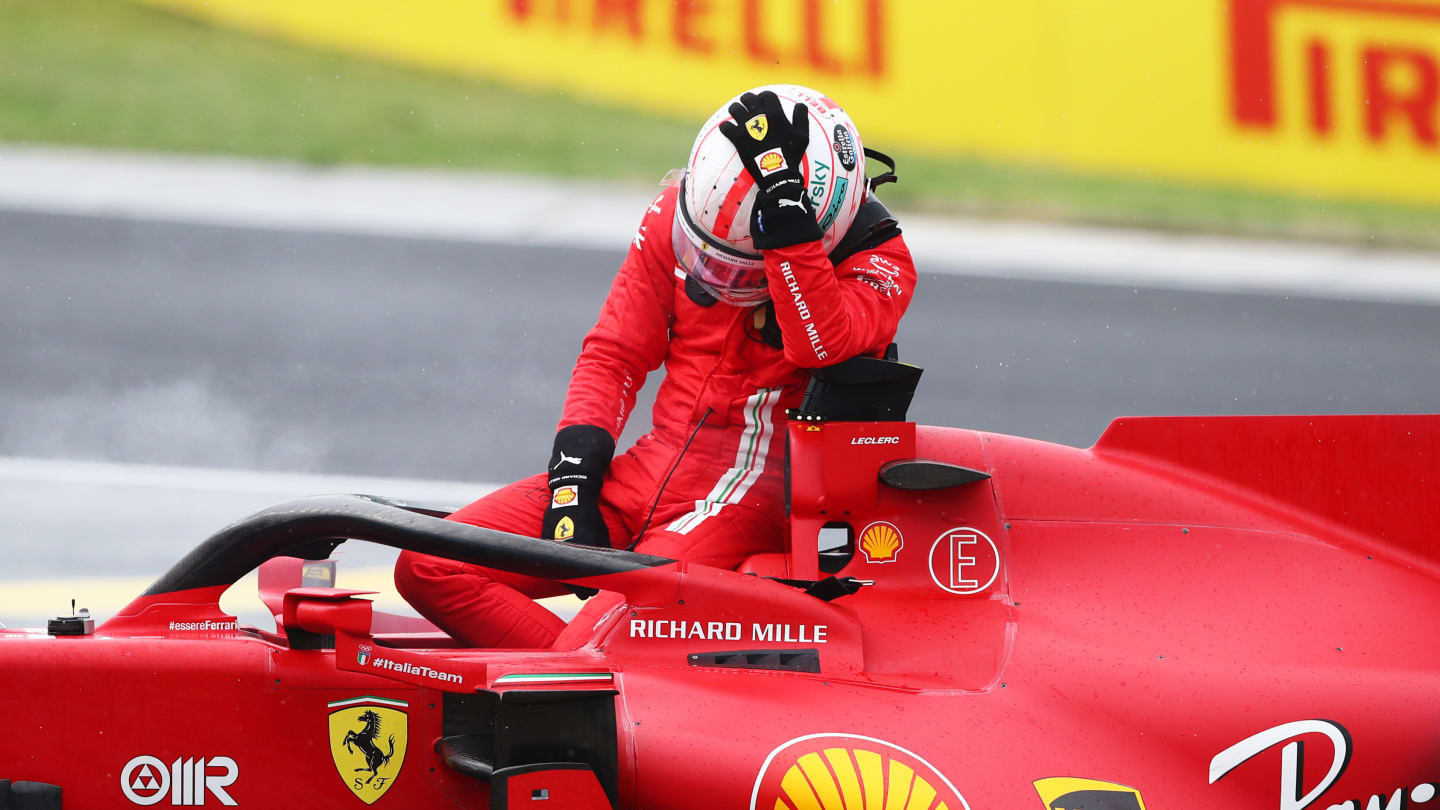 BUDAPEST, HUNGARY - AUGUST 01: Charles Leclerc of Monaco and Ferrari retires from the race during