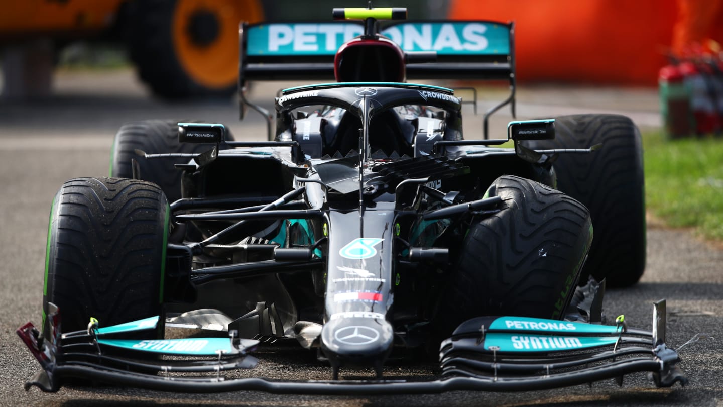 BUDAPEST, HUNGARY - AUGUST 01: The broken car of Valtteri Bottas of Finland and Mercedes GP is