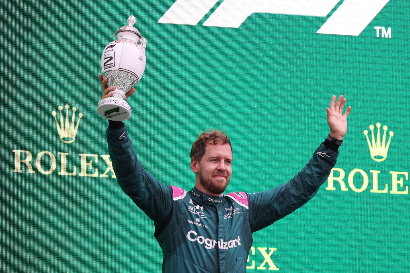 BUDAPEST, HUNGARY - AUGUST 01: Second placed Sebastian Vettel of Germany and Aston Martin F1 Team