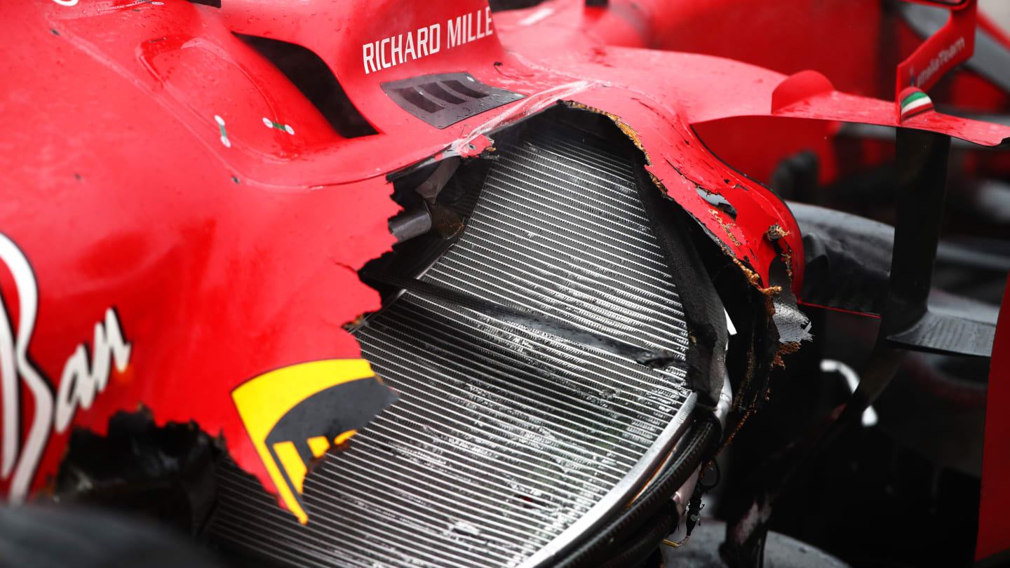BUDAPEST, HUNGARY - AUGUST 01: A detail shot of the damage to the car of Charles Leclerc of Monaco and Ferrari following a crash during the F1 Grand Prix of Hungary at Hungaroring on August 01, 2021 in Budapest, Hungary. (Photo by Joe Portlock - Formula 1/Formula 1 via Getty Images)