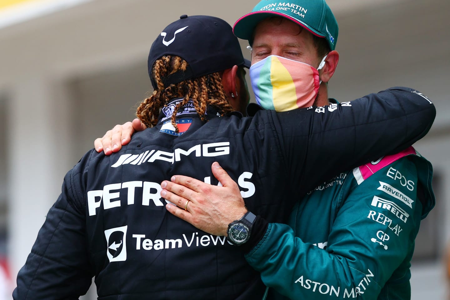 BUDAPEST, HUNGARY - AUGUST 01:  Sebastian Vettel of Germany and Aston Martin embraces Lewis