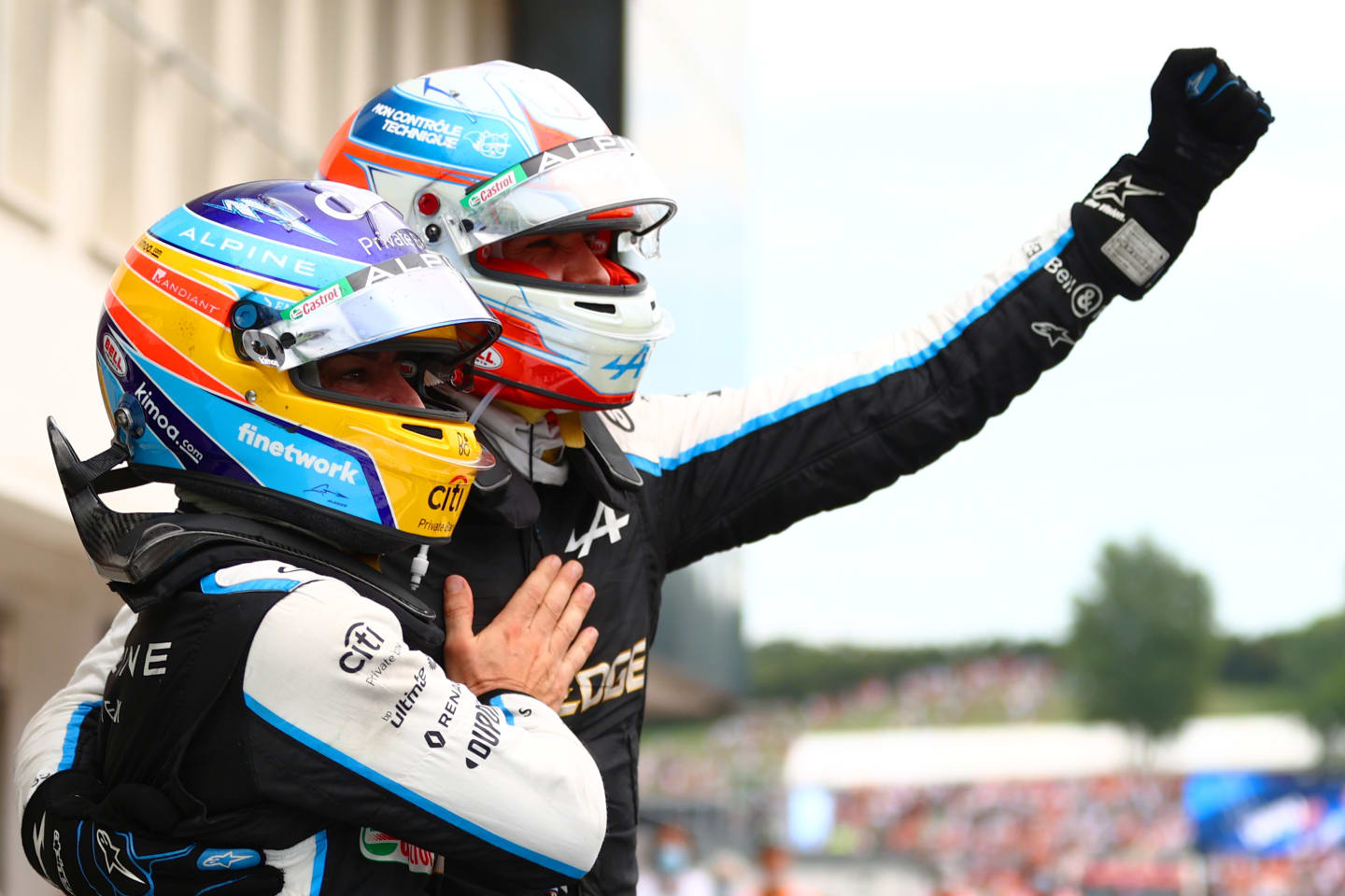 BUDAPEST, HUNGARY - AUGUST 01: Esteban Ocon of France and Alpine celebrates victory in parc ferme