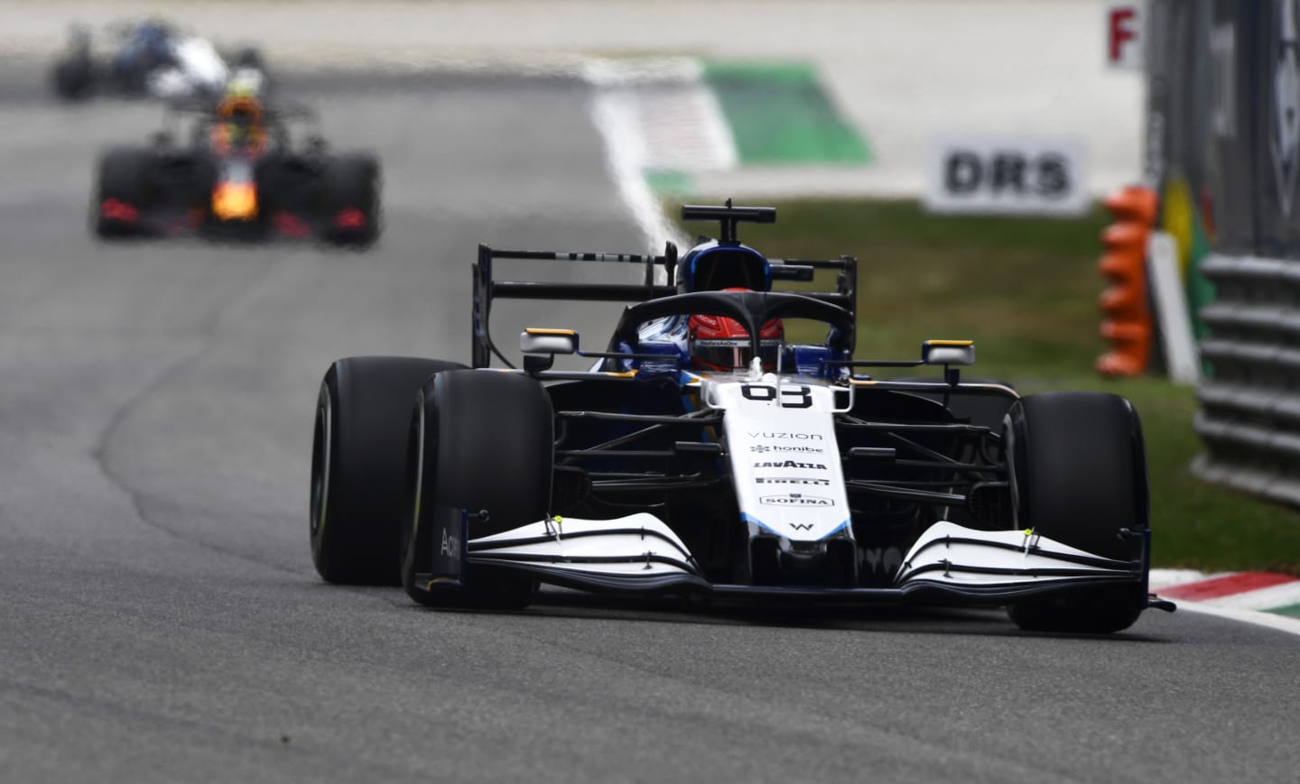 MONZA, ITALY - SEPTEMBER 10: George Russell of Great Britain driving the (63) Williams Racing FW43B Mercedes during practice ahead of the F1 Grand Prix of Italy at Autodromo di Monza on September 10, 2021 in Monza, Italy. (Photo by Rudy Carezzevoli/Getty Images)
