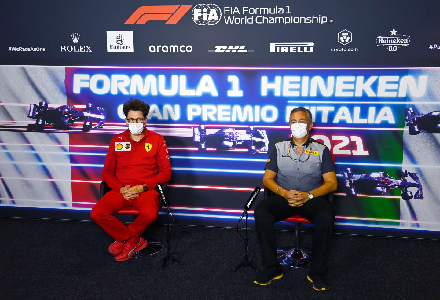 MONZA, ITALY - SEPTEMBER 10: Scuderia Ferrari Team Principal Mattia Binotto and Director of Pirelli