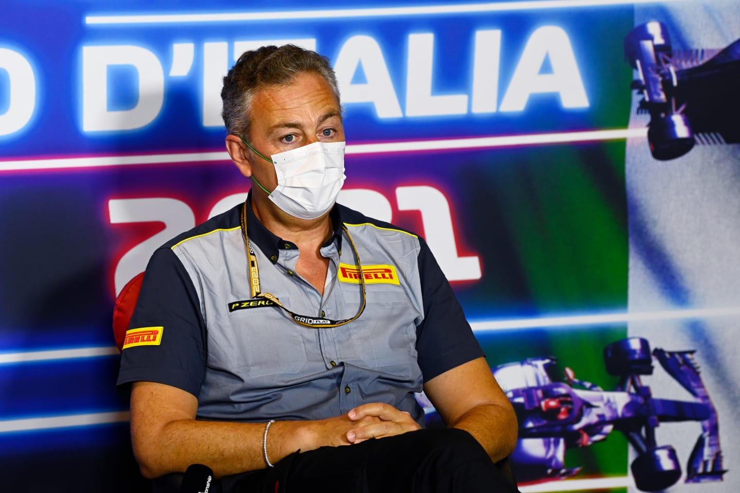 MONZA, ITALY - SEPTEMBER 10: Director of Pirelli F1 Mario Isola talks in the Team Principals Press Conference during practice ahead of the F1 Grand Prix of Italy at Autodromo di Monza on September 10, 2021 in Monza, Italy. (Photo by Mark Sutton - Pool/Getty Images)