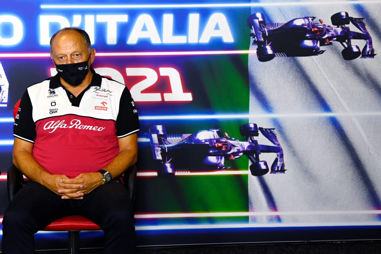 MONZA, ITALY - SEPTEMBER 10: Alfa Romeo Racing Team Principal Frederic Vasseur talks in the Team Principals Press Conference during practice ahead of the F1 Grand Prix of Italy at Autodromo di Monza on September 10, 2021 in Monza, Italy. (Photo by Mark Sutton - Pool/Getty Images)