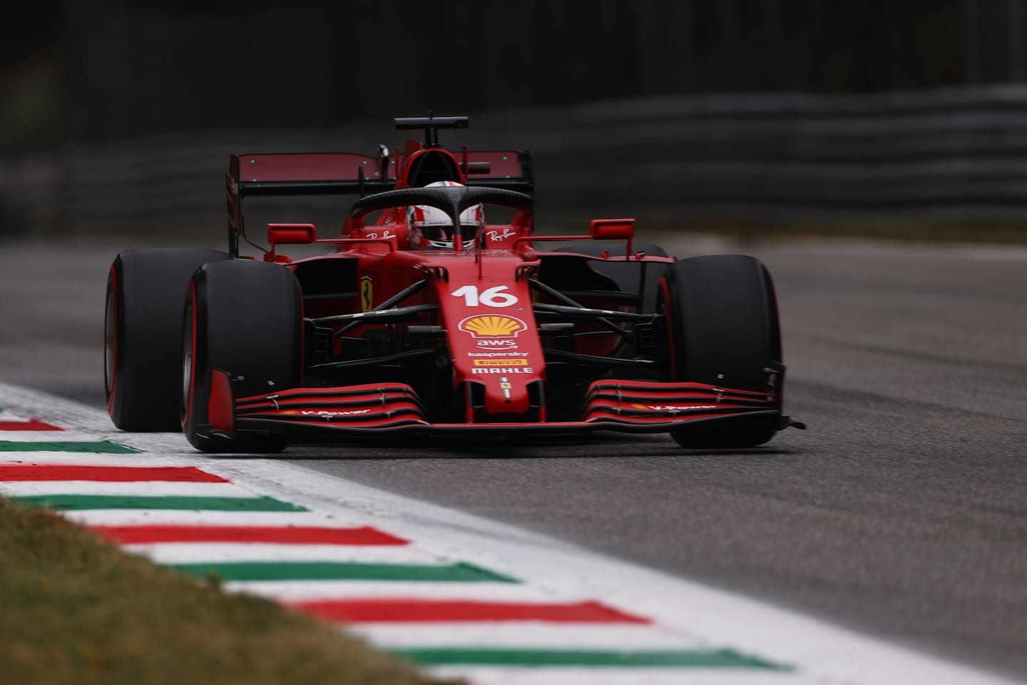 MONZA, ITALY - SEPTEMBER 10: Charles Leclerc of Monaco driving the (16) Scuderia Ferrari SF21 during qualifying ahead of the F1 Grand Prix of Italy at Autodromo di Monza on September 10, 2021 in Monza, Italy. (Photo by Lars Baron/Getty Images)