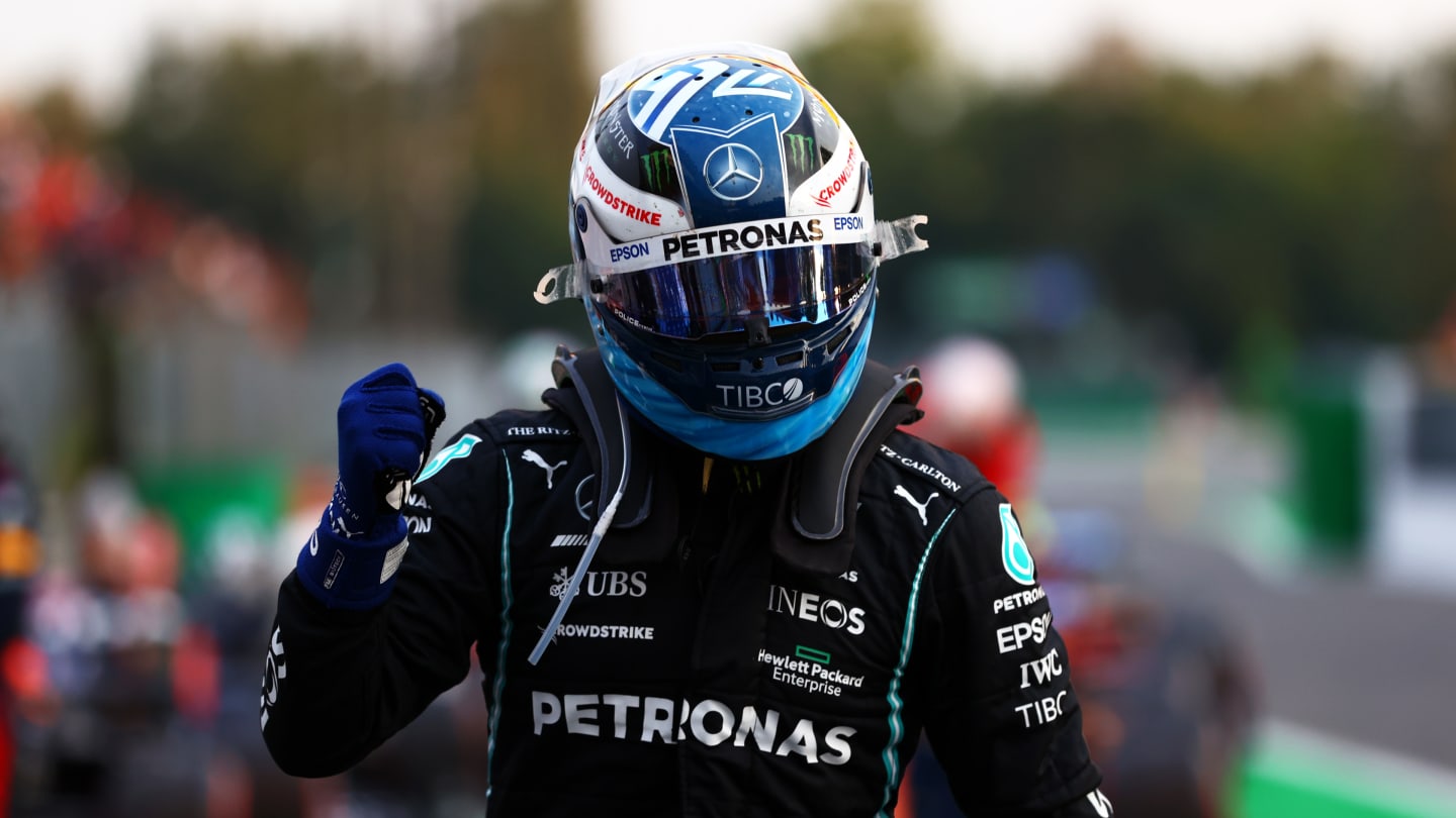 MONZA, ITALY - SEPTEMBER 10: Pole position qualifier Valtteri Bottas of Finland and Mercedes GP celebrates in parc ferme during qualifying ahead of the F1 Grand Prix of Italy at Autodromo di Monza on September 10, 2021 in Monza, Italy. (Photo by Dan Istitene - Formula 1/Formula 1 via Getty Images)