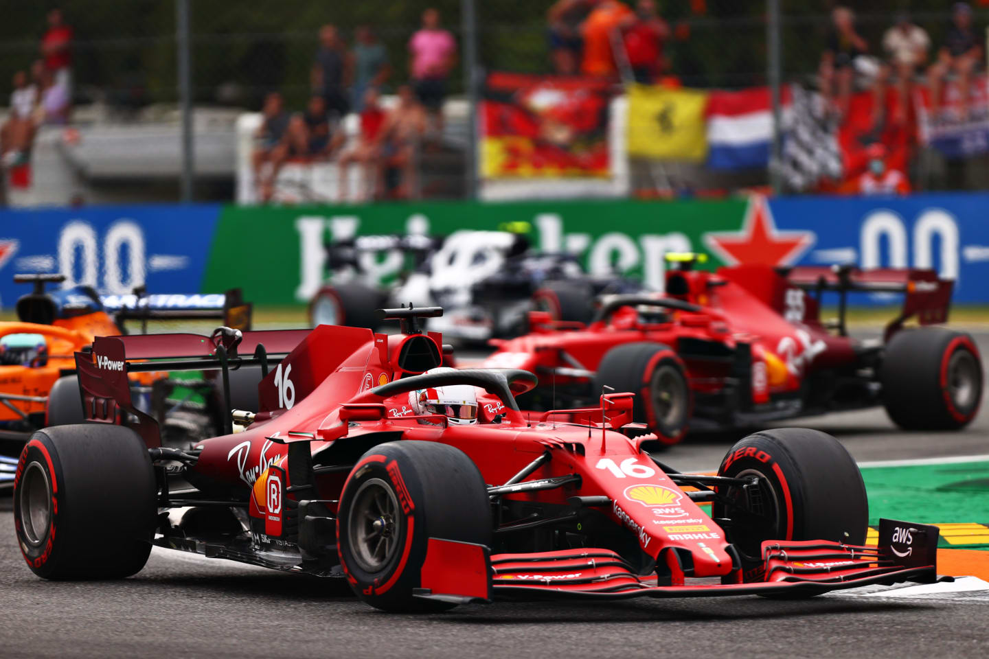 MONZA, ITALY - SEPTEMBER 10: Charles Leclerc of Monaco driving the (16) Scuderia Ferrari SF21 leads
