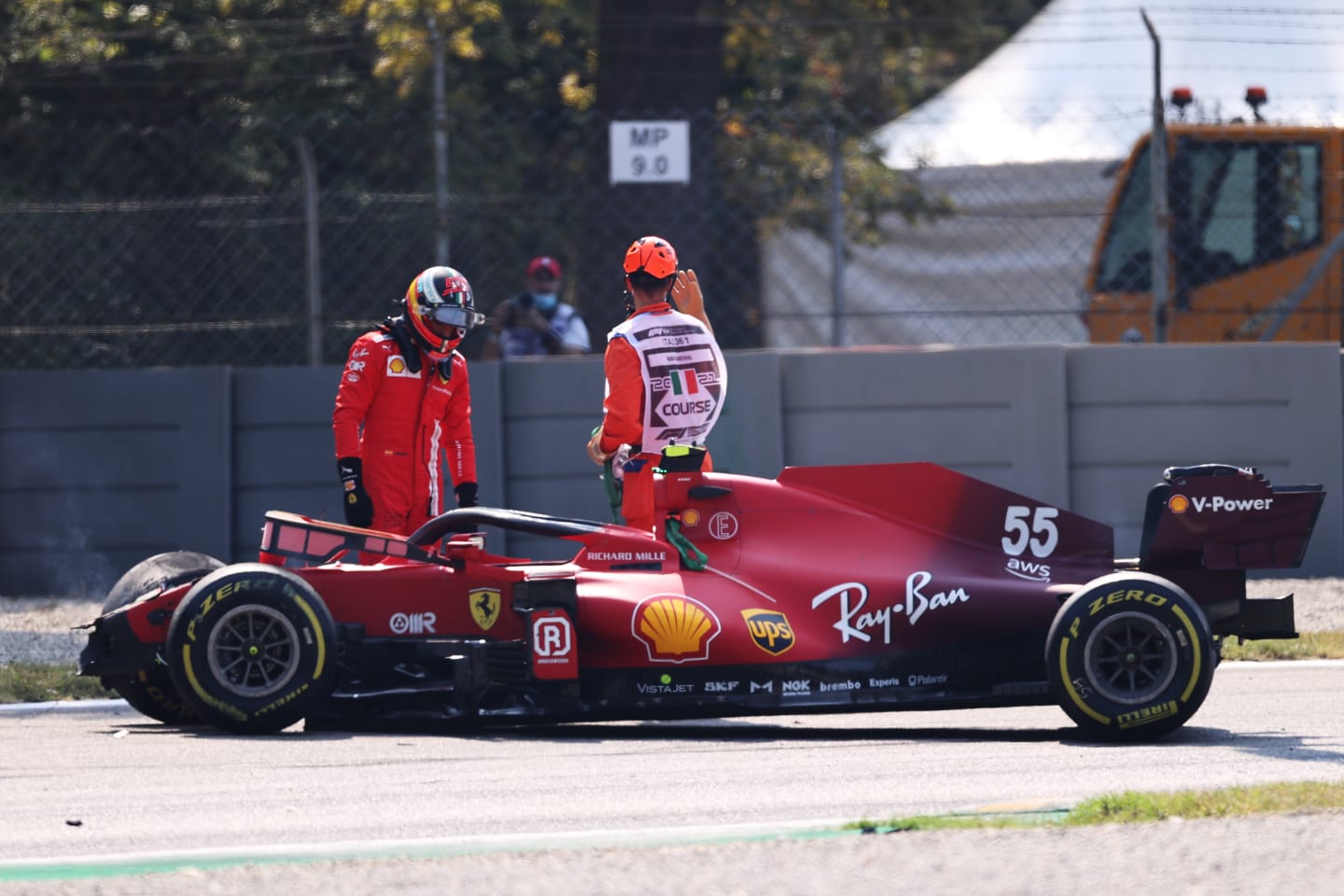 MONZA, ITALY - SEPTEMBER 11: Carlos Sainz of Spain and Ferrari looks on after a crash during practice ahead of the F1 Grand Prix of Italy at Autodromo di Monza on September 11, 2021 in Monza, Italy. (Photo by Lars Baron/Getty Images)