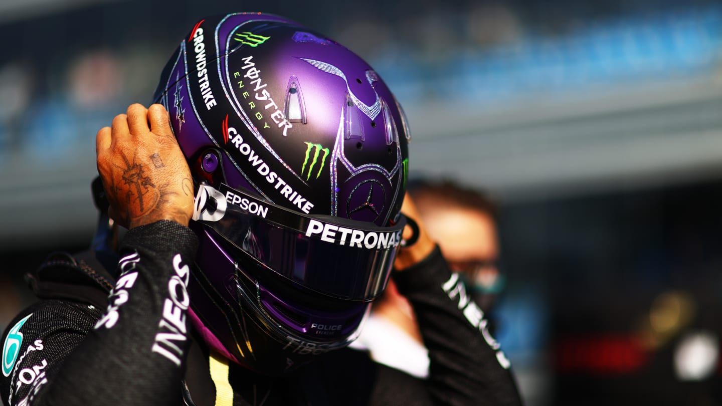 MONZA, ITALY - SEPTEMBER 11: Lewis Hamilton of Great Britain and Mercedes GP prepares to drive on the grid during the Sprint ahead of the F1 Grand Prix of Italy at Autodromo di Monza on September 11, 2021 in Monza, Italy. (Photo by Dan Istitene - Formula 1/Formula 1 via Getty Images)