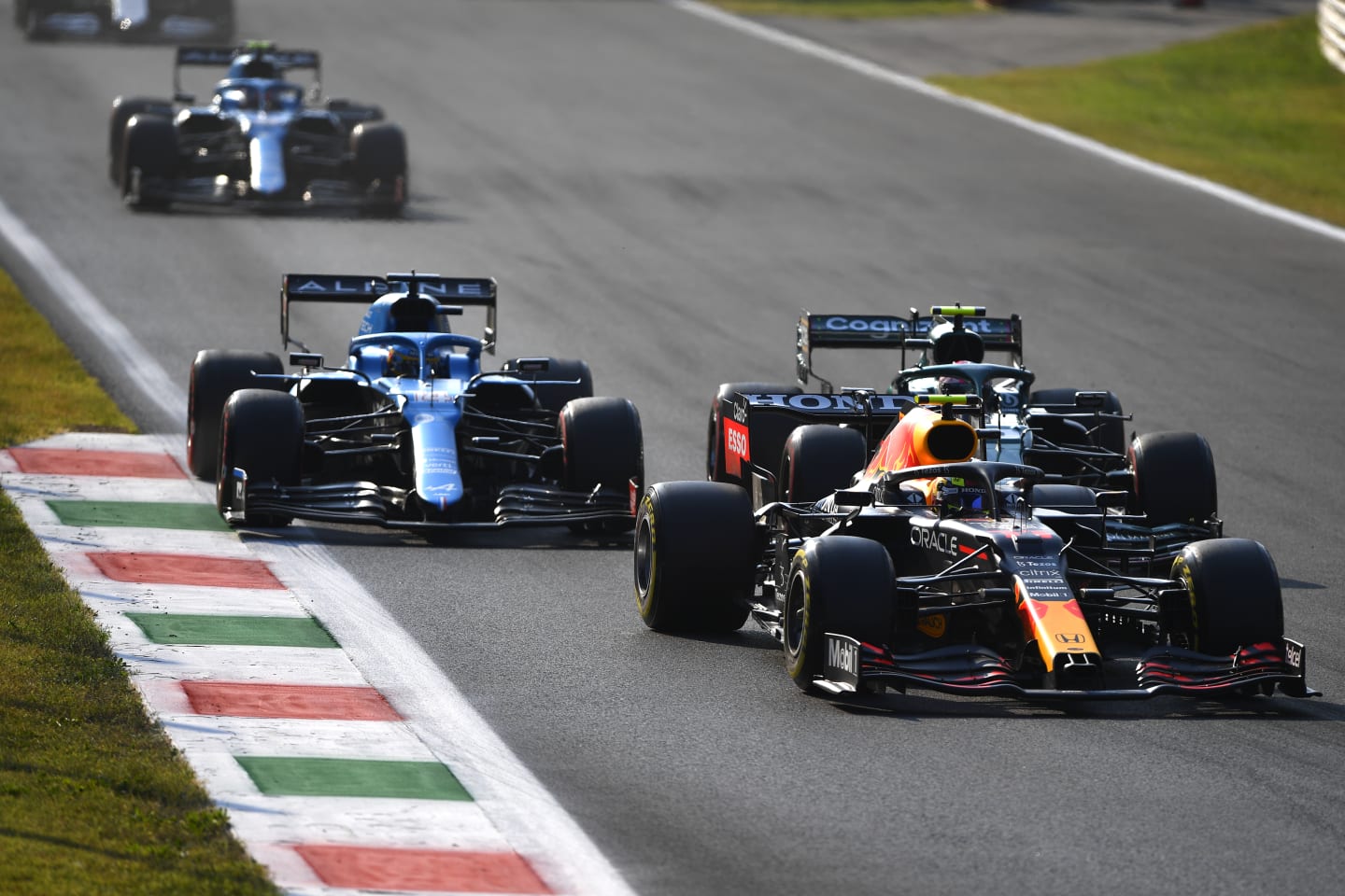 MONZA, ITALY - SEPTEMBER 11: Sergio Perez of Mexico driving the (11) Red Bull Racing RB16B Honda during the Sprint ahead of the F1 Grand Prix of Italy at Autodromo di Monza on September 11, 2021 in Monza, Italy. (Photo by Rudy Carezzevoli/Getty Images)