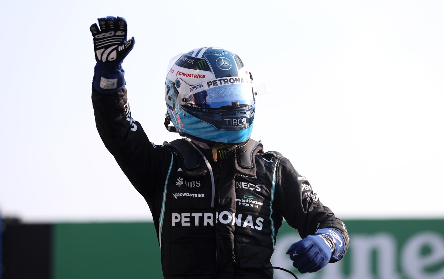 MONZA, ITALY - SEPTEMBER 11: Winner Valtteri Bottas of Finland and Mercedes GP celebrates in parc