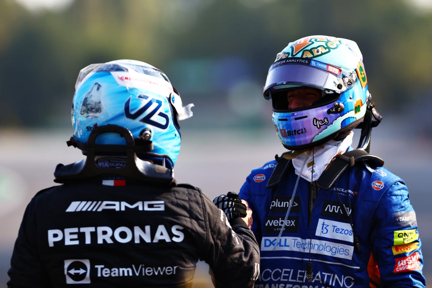 MONZA, ITALY - SEPTEMBER 11: Winner Valtteri Bottas of Finland and Mercedes GP talks with third place finisher Daniel Ricciardo of Australia and McLaren F1 during the Sprint ahead of the F1 Grand Prix of Italy at Autodromo di Monza on September 11, 2021 in Monza, Italy. (Photo by Dan Istitene - Formula 1/Formula 1 via Getty Images)