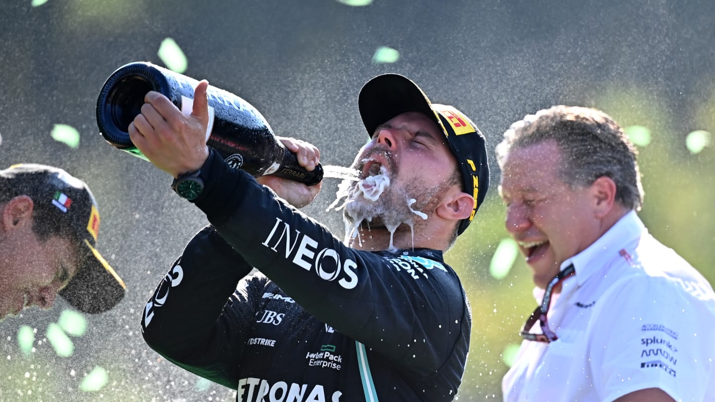 MONZA, ITALY - SEPTEMBER 12: Third placed Valtteri Bottas of Finland and Mercedes GP celebrates on